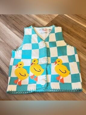VTG 1996 Michael Simon Sez Duck Sweater Vest 6/6X Checkered Blue White Whimsy
